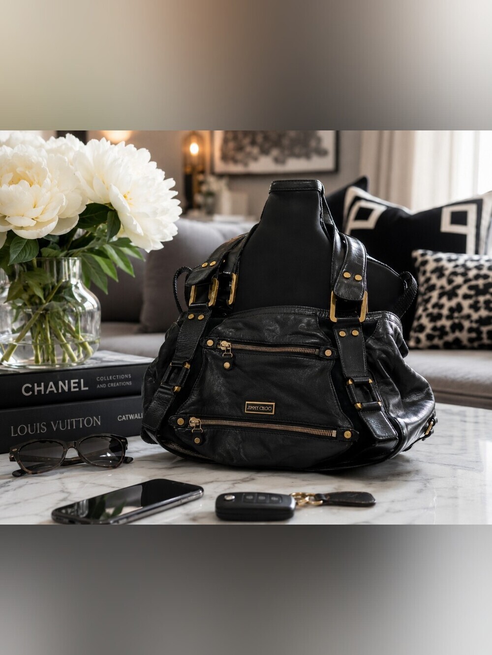 Jimmy Choo Mahala Large Black Leather Gold Hardware Luxury Handbag